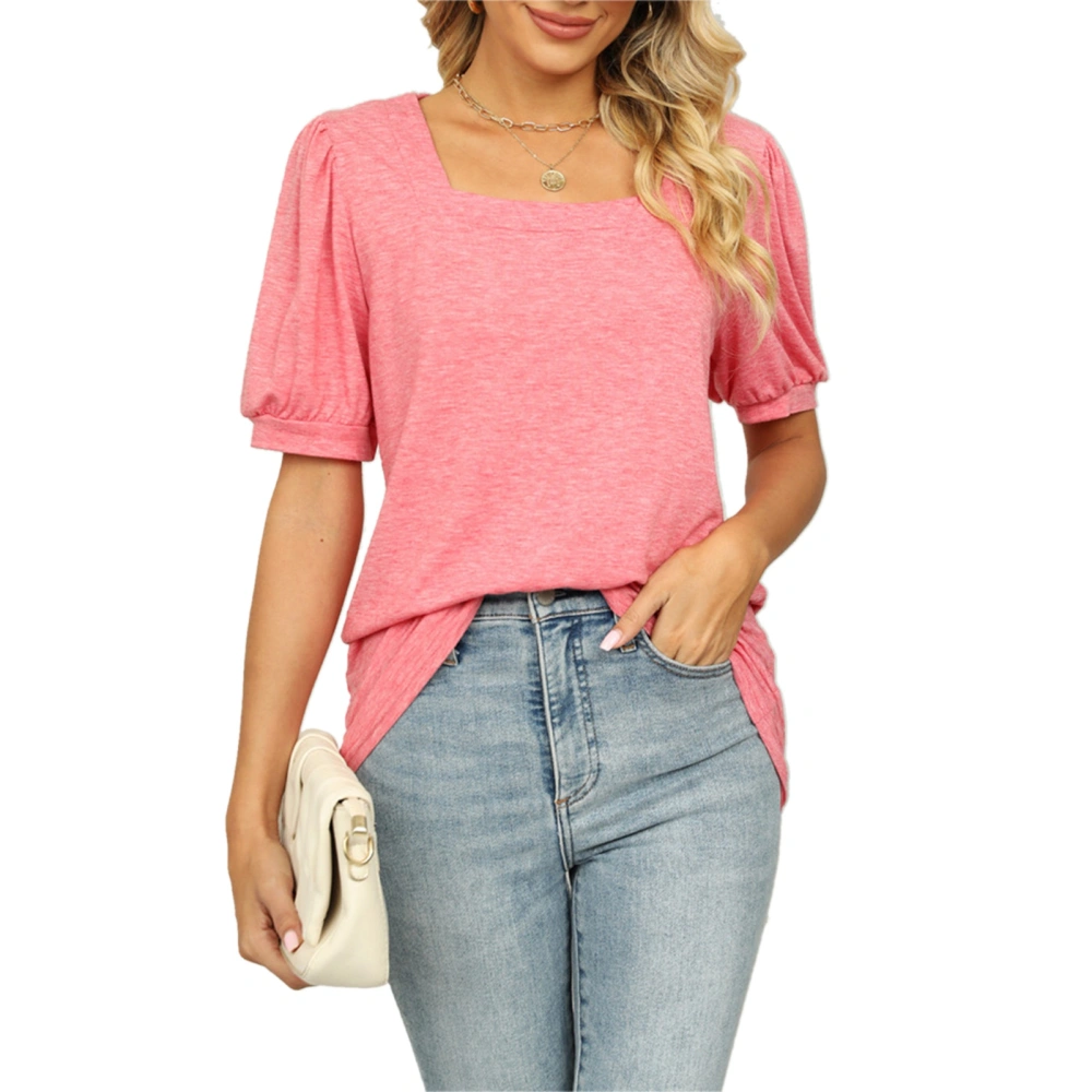 Women Casual T Shirt Short Puff Sleeves Pure Color Loose Fitting Summer Top for Daily Wear Pink XXL