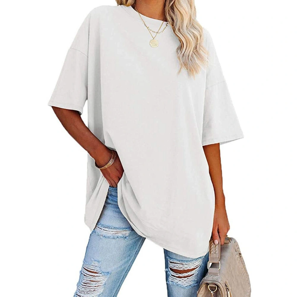 Women Loose Short Sleeve Top Pure Color Drop Shoulder Round Neck Short Sleeve T Shirt for Daily White L