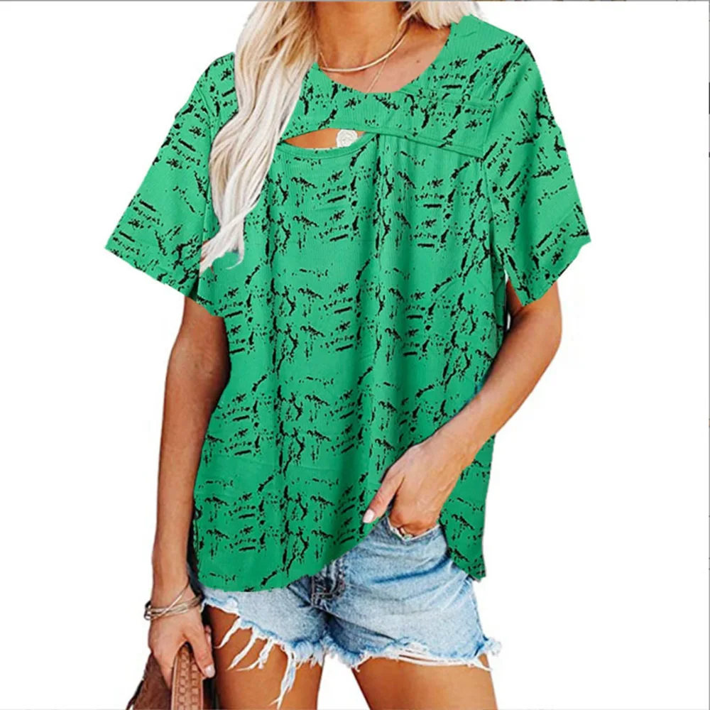 Women Pullover Shirt Cut Out Printed Short Sleeve Loose Soft Breathable Casual Top Green XL