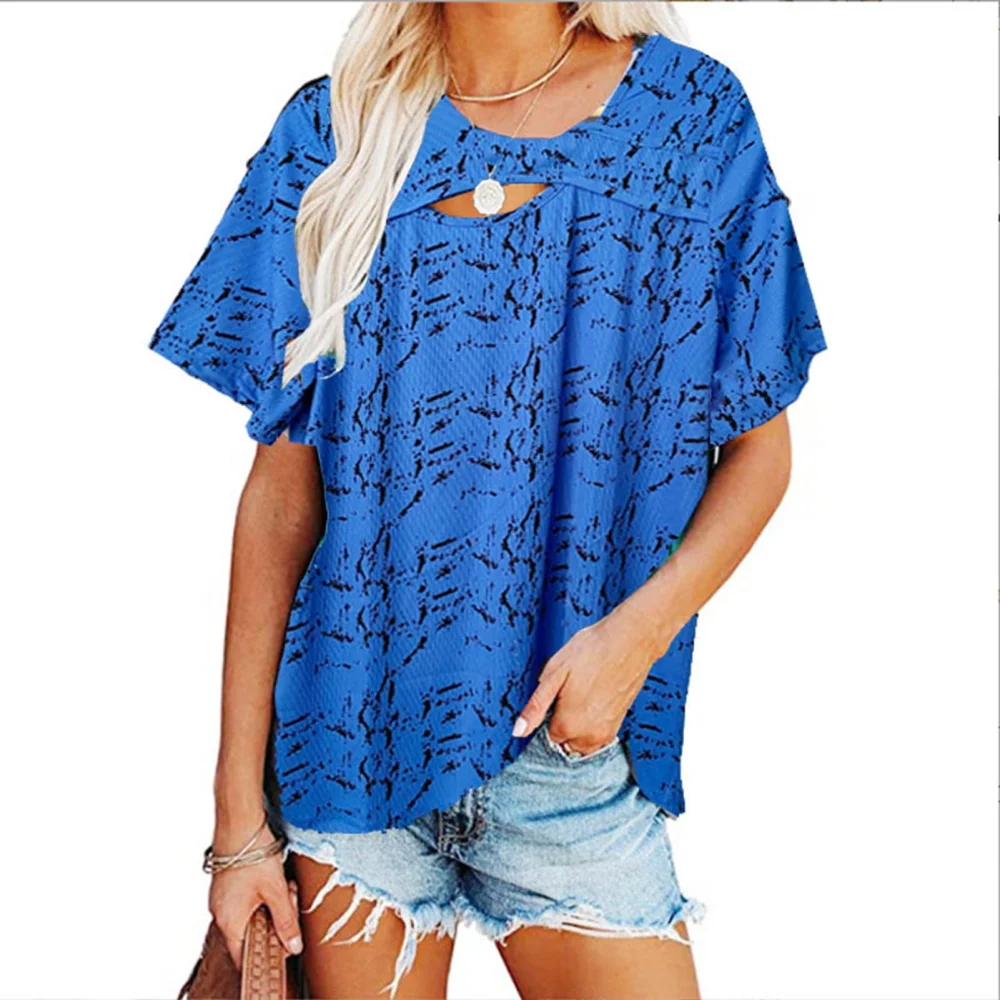 Women Pullover Shirt Cut Out Printed Short Sleeve Loose Soft Breathable Casual Top Blue S