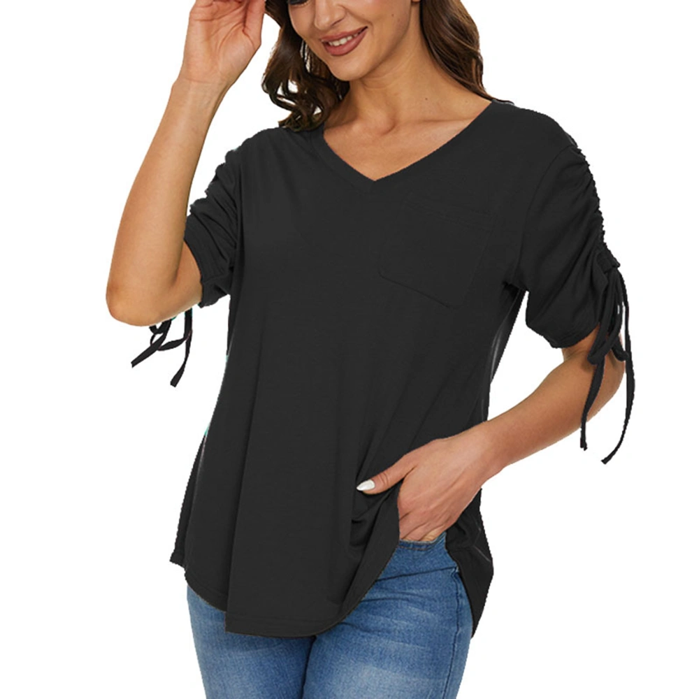 Women Drawstring Sleeve Blouse V Neck Pure Color Front Pocket Fashionable Casual Fit Blouse for Dating Black M