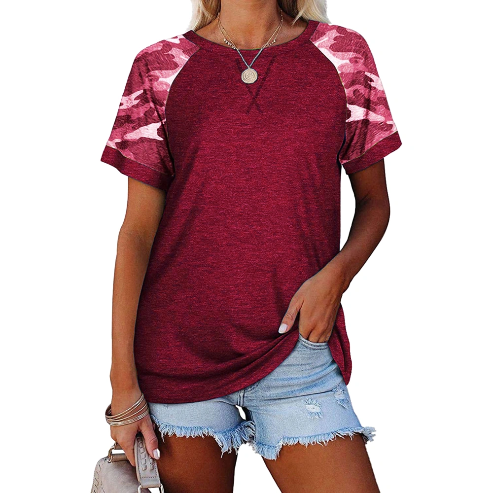 Women Round Neck Top Short Sleeves Splicing Loose Type Casual T Shirt for Summer Wear Wine Red S