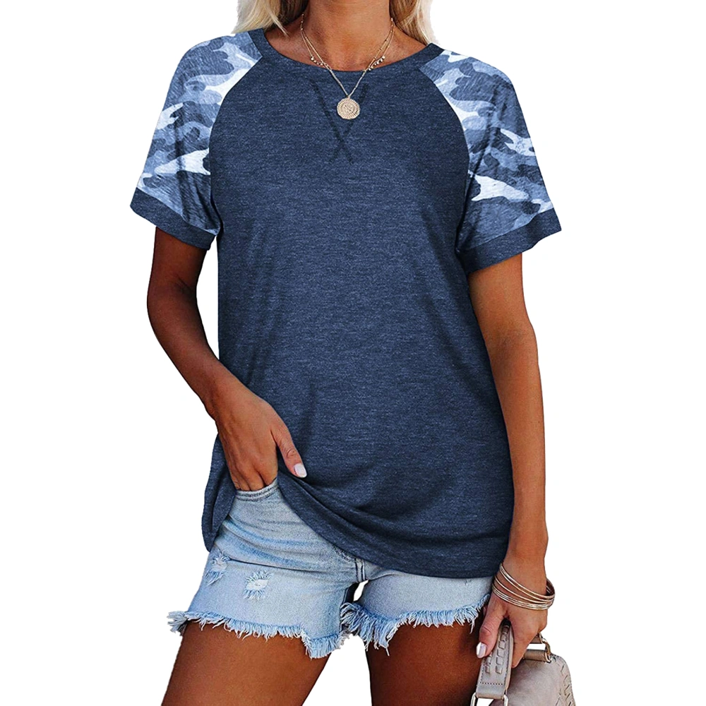 Women Round Neck Top Short Sleeves Splicing Loose Type Casual T Shirt for Summer Wear Dark Blue S