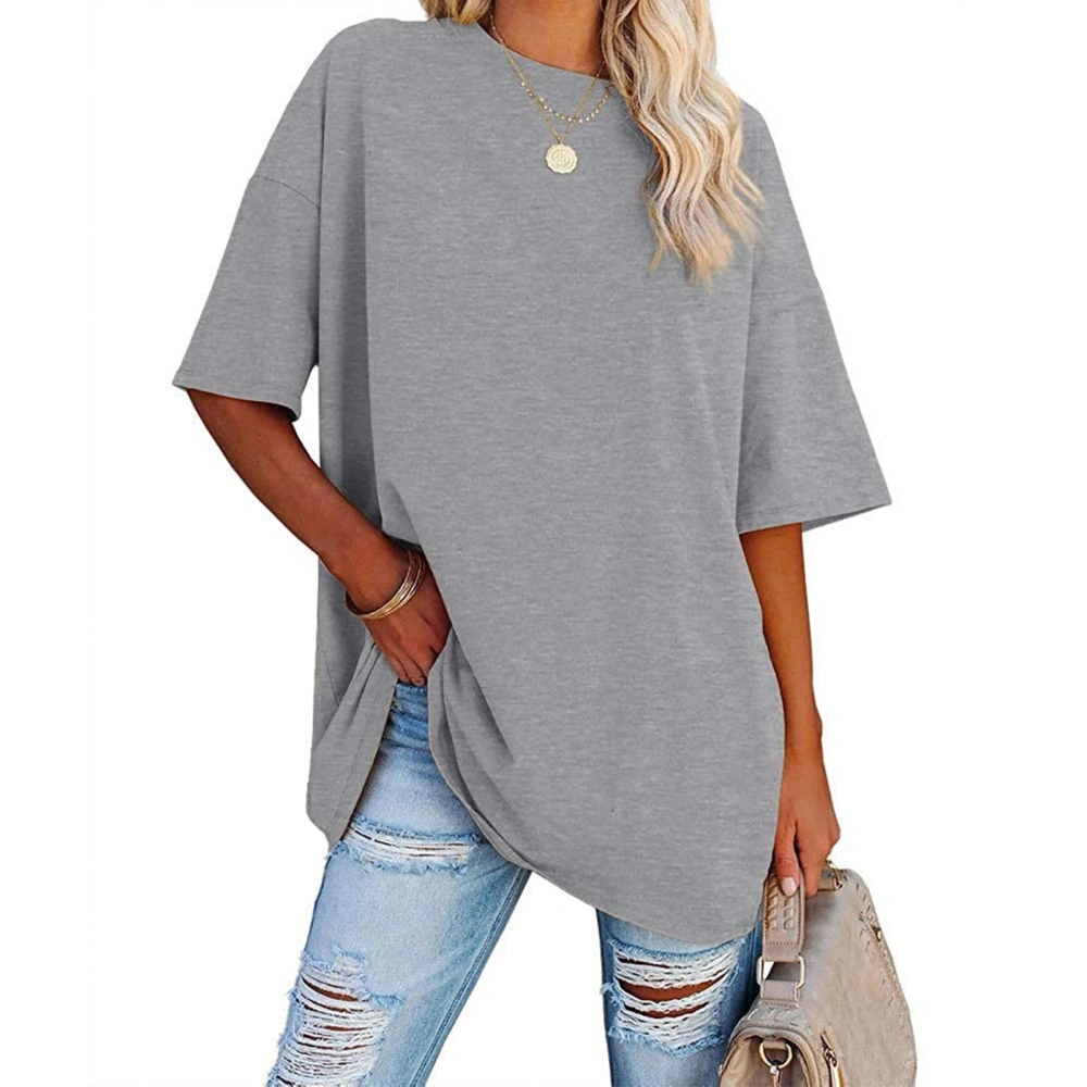 Women Loose Short Sleeve Top Pure Color Drop Shoulder Round Neck Short Sleeve T Shirt for Daily Light Gray M