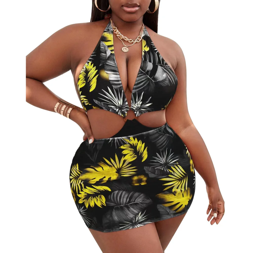 One Piece Bikini Halter Neck Tie Back Print Cutout Lady Swimsuit with Cover Up Skirt for Surfing Beach Party Yellow Leaves On Black Background L