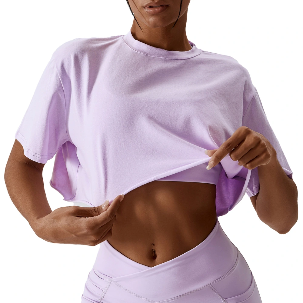 Women Running T Shirt Short Sleeve Pure Color Crew Neck Breathable Cotton Work Out Top Purple 10/M