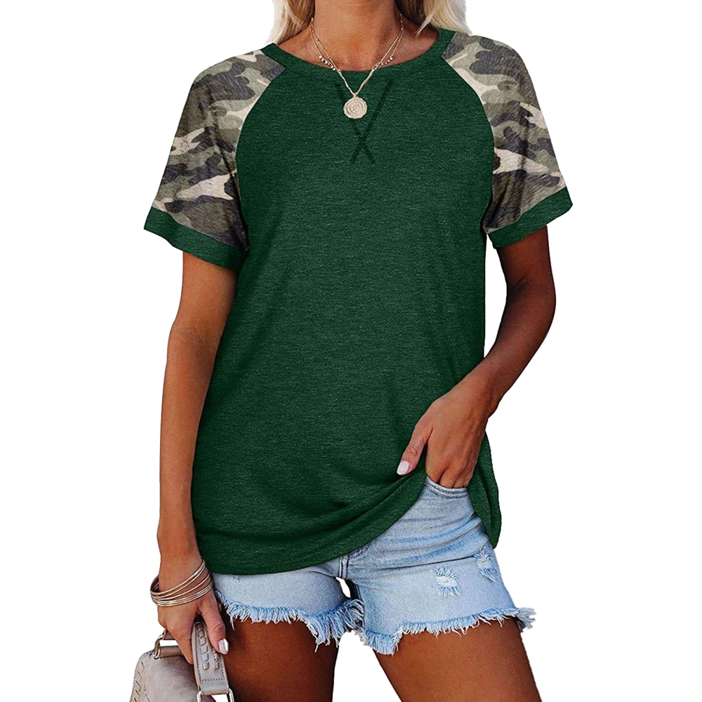 Women Round Neck Top Short Sleeves Splicing Loose Type Casual T Shirt for Summer Wear Dark Green S