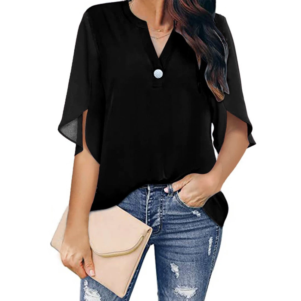 Women Summer Tops V Neck Half Sleeve Exquisite Pure Color Elegant Women Casual Blouse for Party Office Outing Black XL