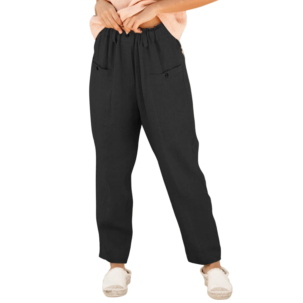 Women Casual Pants Pure Color Button Elastic Waist Loose Women Long Trousers for Daily Outdoor Black XL