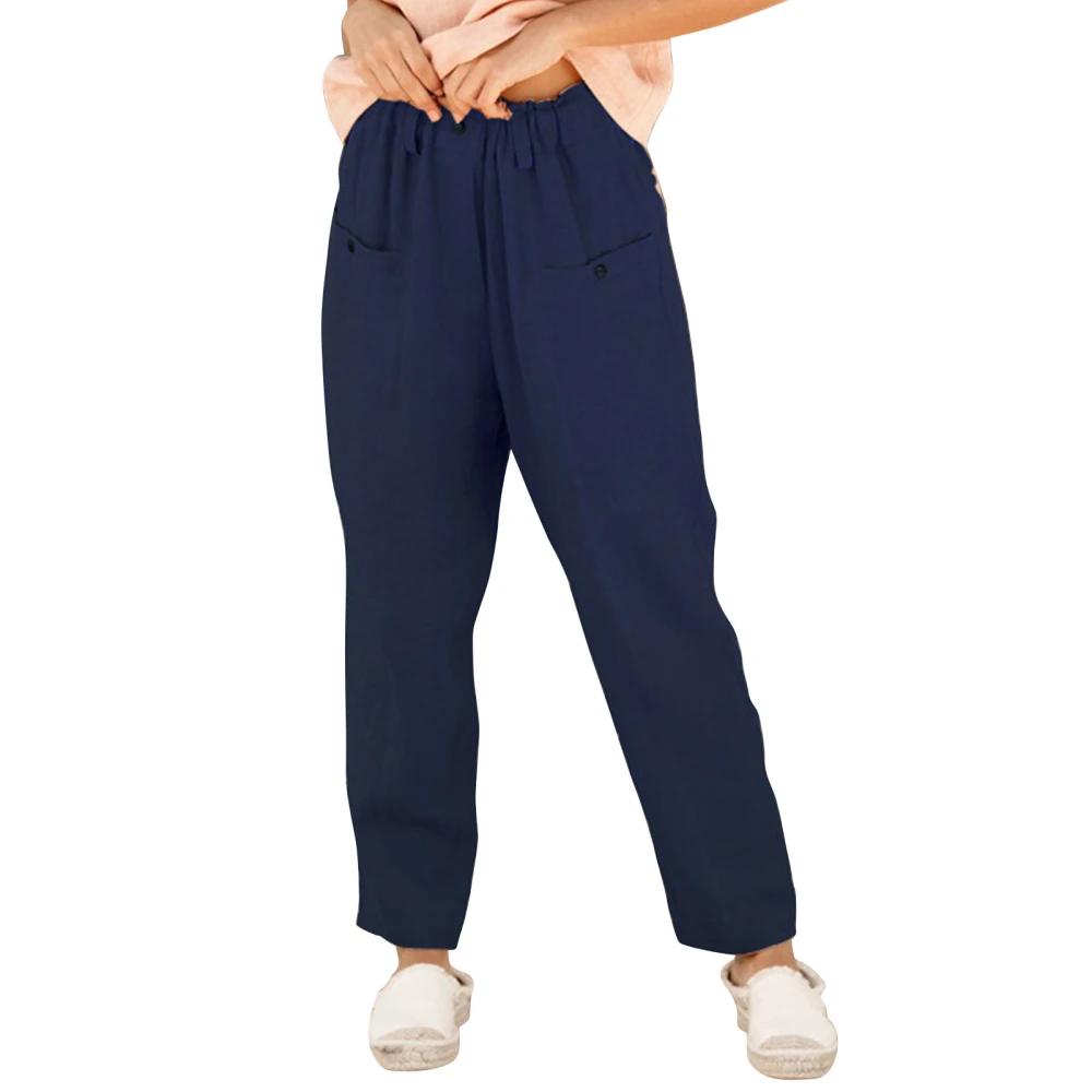 Women Casual Pants Pure Color Button Elastic Waist Loose Women Long Trousers for Daily Outdoor Purplish Blue XXL