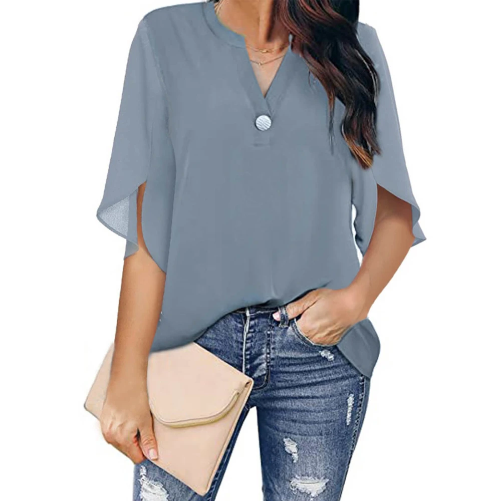 Women Summer Tops V Neck Half Sleeve Exquisite Pure Color Elegant Women Casual Blouse for Party Office Outing Grey 3XL