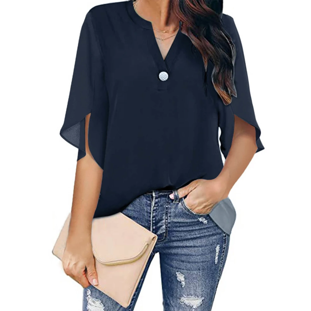 Women Summer Tops V Neck Half Sleeve Exquisite Pure Color Elegant Women Casual Blouse for Party Office Outing Purplish Blue XL