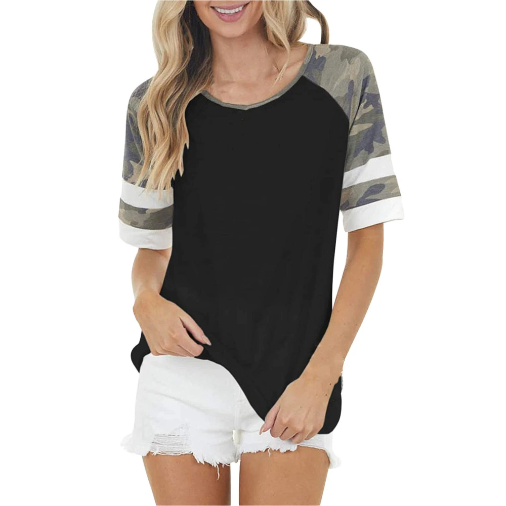 Women Top Scoop Neck Camo Color Block T Shirt Casual Tunic Crew Neck Striped Short Sleeve Cotton Blouse Top Black S