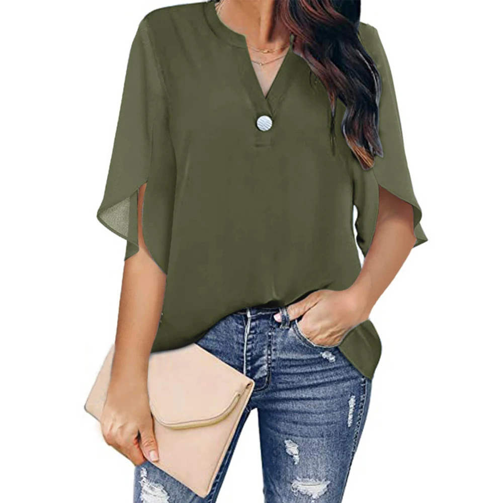 Women Summer Tops V Neck Half Sleeve Exquisite Pure Color Elegant Women Casual Blouse for Party Office Outing OD Green L