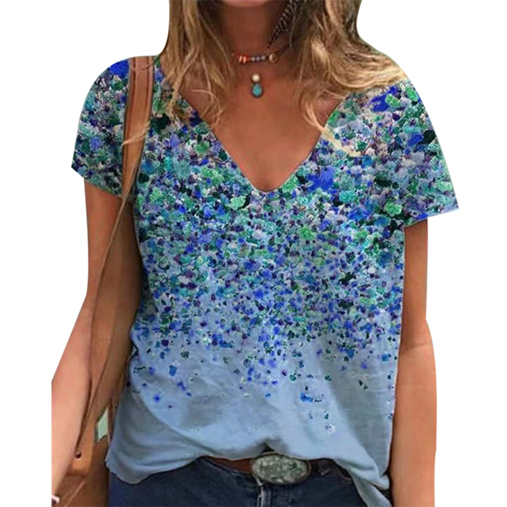 Women Short Sleeve Floral Shirt Loose Casual Fashion Soft V Neck Floral T Shirt for Summer Blue M