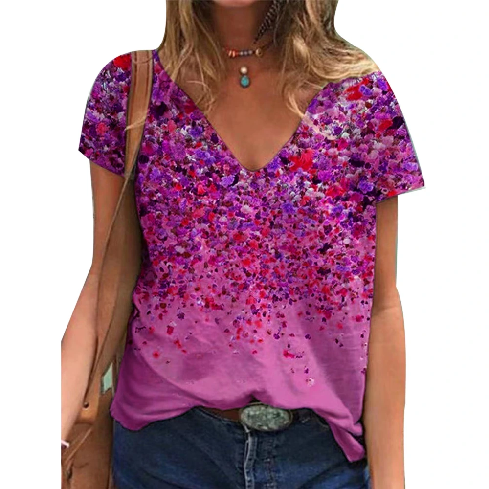 Women Short Sleeve Floral Shirt Loose Casual Fashion Soft V Neck Floral T Shirt for Summer Rose Red XXL