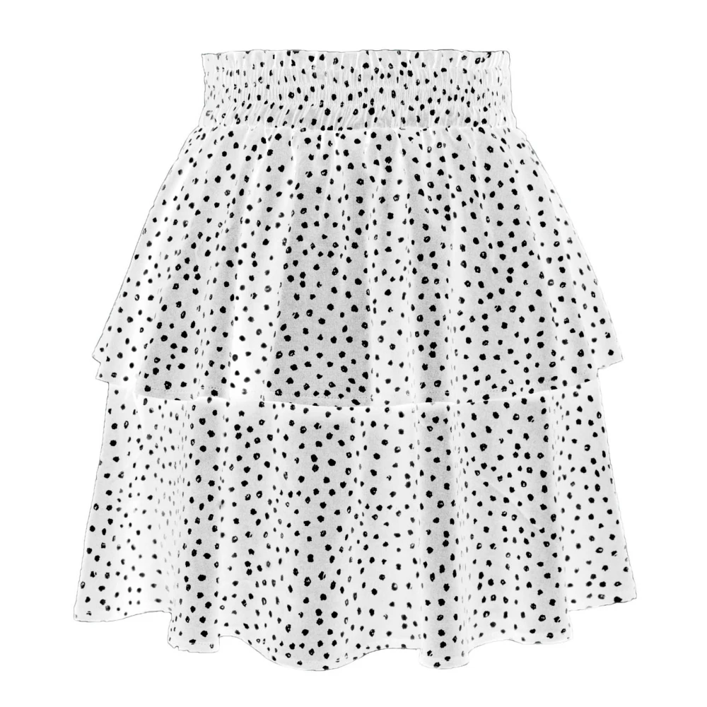 Layered Ruffle Skirt Dot Printed Tiered Short Elastic Waisted Women Ruffle Hem Skirt for Summer White L