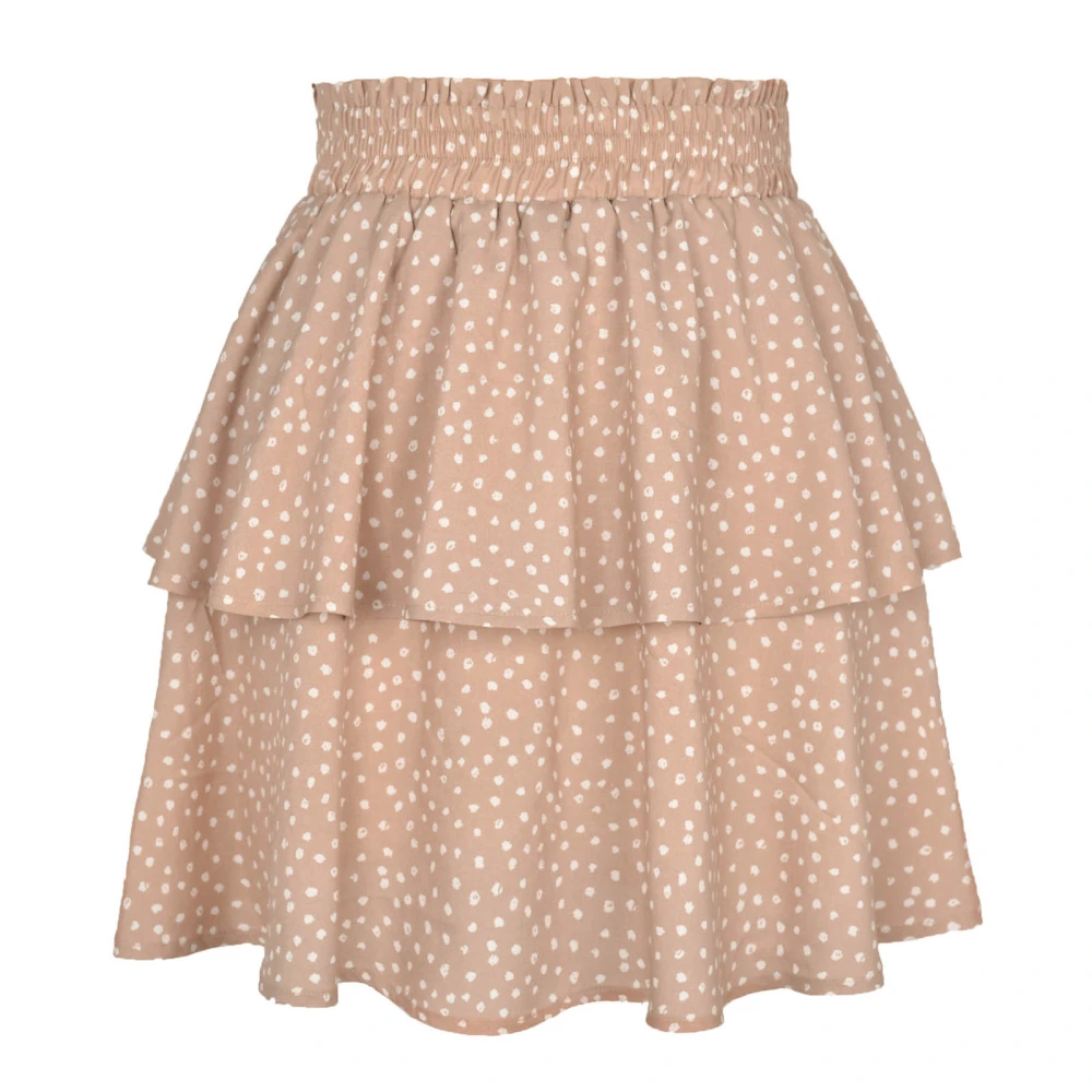 Layered Ruffle Skirt Dot Printed Tiered Short Elastic Waisted Women Ruffle Hem Skirt for Summer Beige S