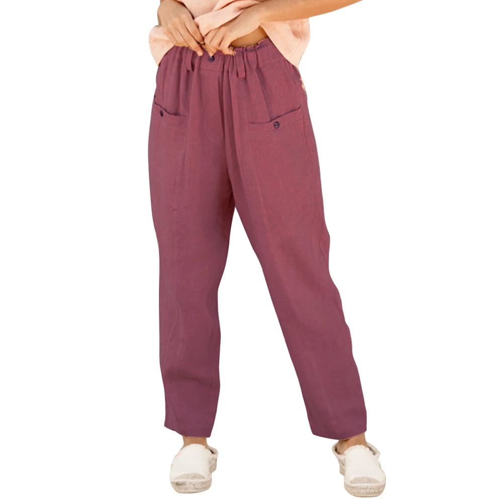 Women Casual Pants Pure Color Button Elastic Waist Loose Women Long Trousers for Daily Outdoor Wine Red S