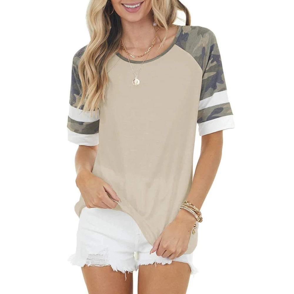 Women Top Scoop Neck Camo Color Block T Shirt Casual Tunic Crew Neck Striped Short Sleeve Cotton Blouse Top Khaki XL