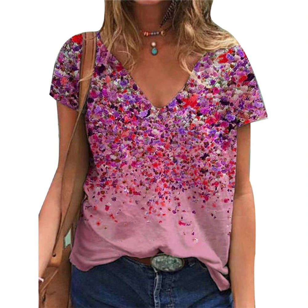 Women Short Sleeve Floral Shirt Loose Casual Fashion Soft V Neck Floral T Shirt for Summer Pink S