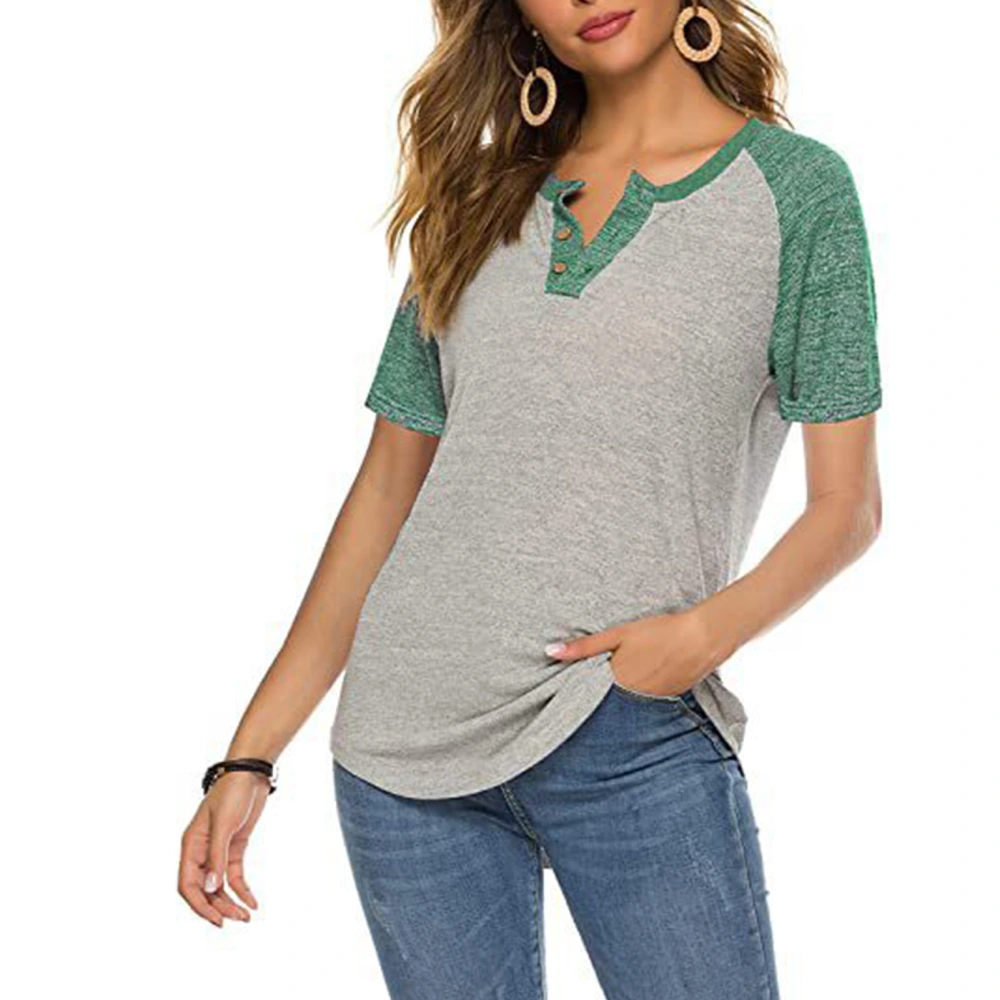 Color Block Summmer Shirt Casual Loose V Neck Fashion Short Sleeve Button Front Summer Tunic Top Green XL