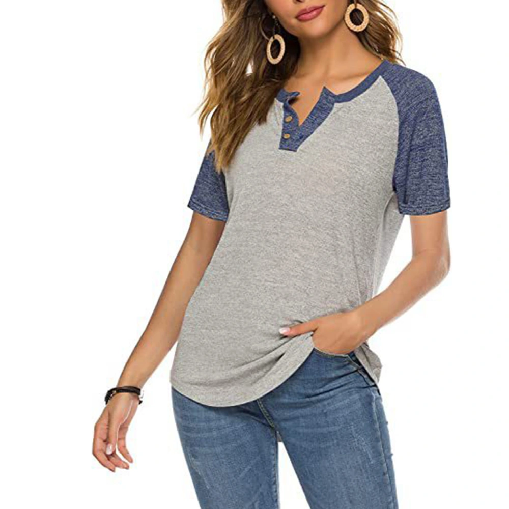 Color Block Summmer Shirt Casual Loose V Neck Fashion Short Sleeve Button Front Summer Tunic Top Blue S