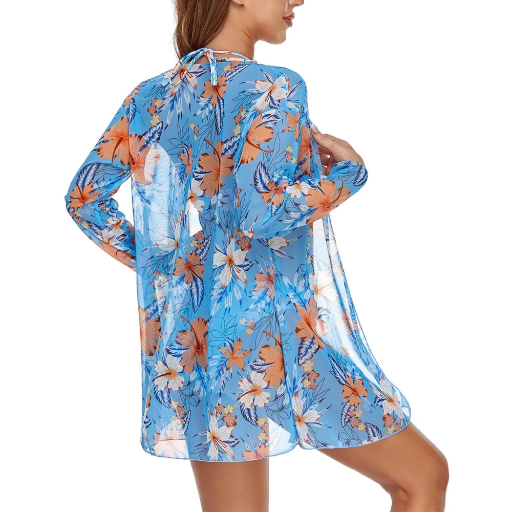 Women Beach Cover Up Bathing Suit Floral Print Sun Protection Breathable Cover Ups Swimwear Swimsuit for Beach Pool Sky Blue Long Mesh Free Size