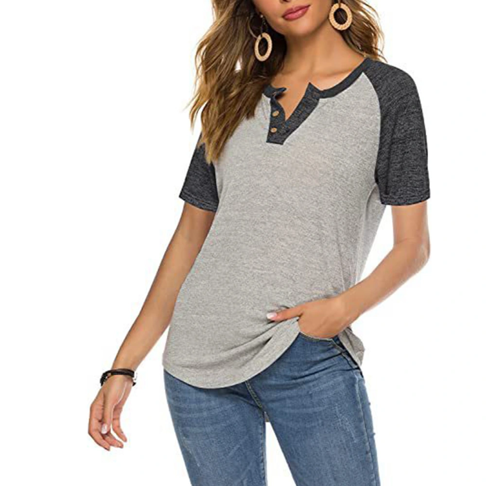 Color Block Summmer Shirt Casual Loose V Neck Fashion Short Sleeve Button Front Summer Tunic Top Grey M