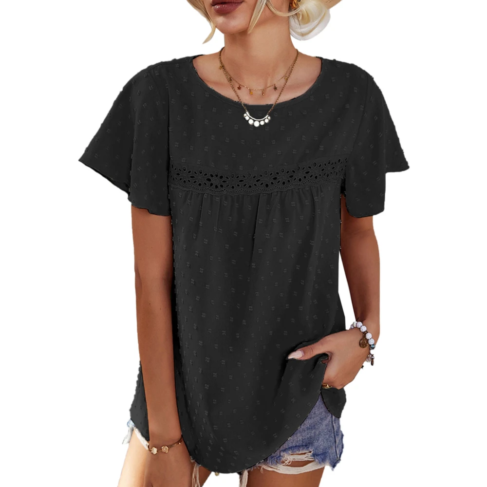 Women Short Sleeve T Shirt Crewneck Lace Stitching Cute Fashionable Women Short Sleeve Top Black S