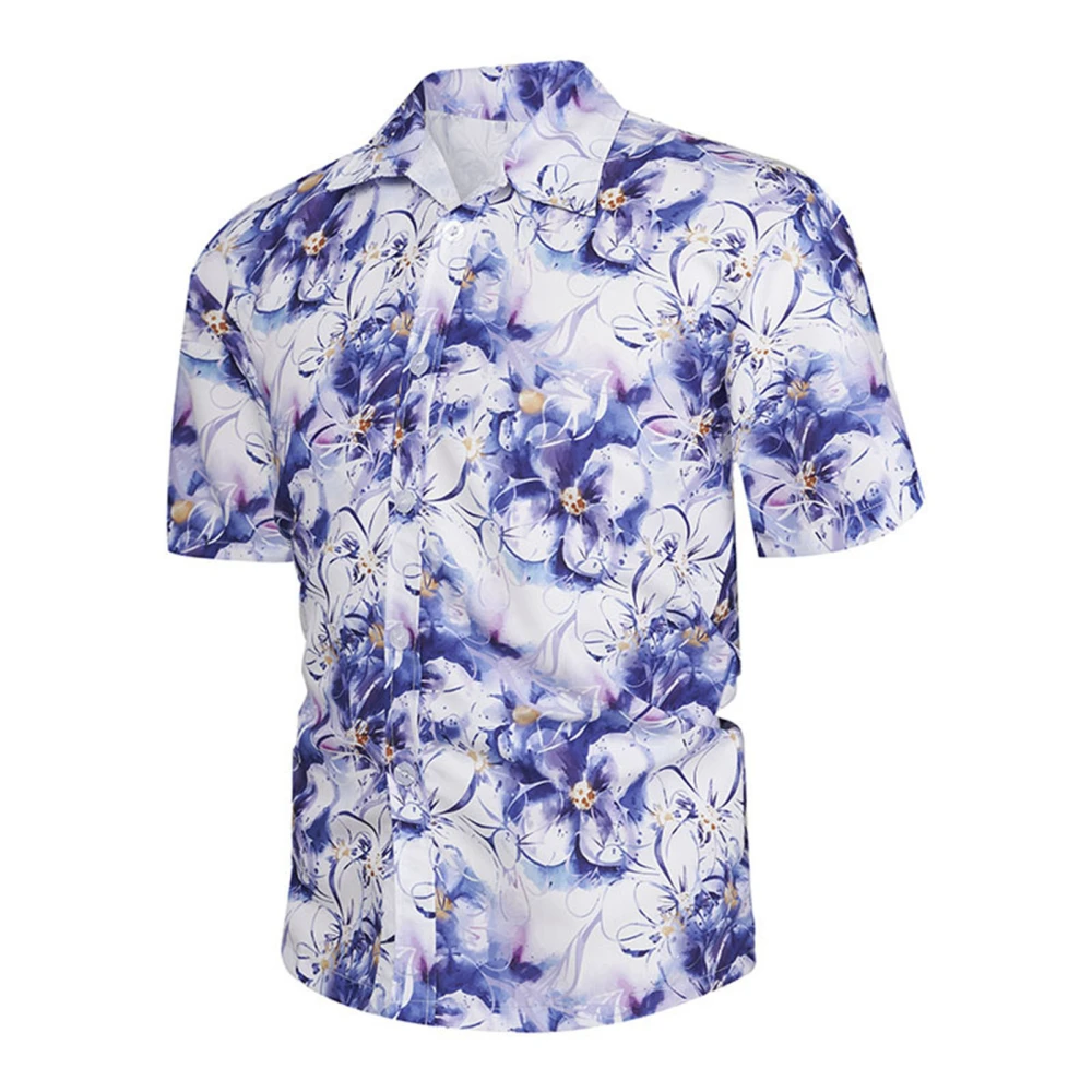 Turn Down Collar Beach Shirt Men Fashionable Casual Button Up Short Sleeve Print Shirt for Travel Purple L