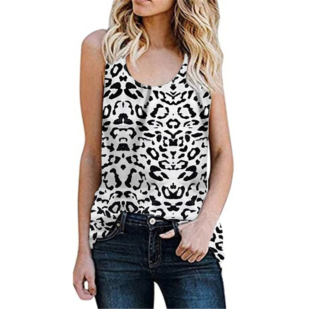 Womens Crew Neck Tank Top Summer Fashionable Casual Printed Loose Fit Women Sleeveless Tank Tops for Daily Beach Outing Black White Leopard Print L