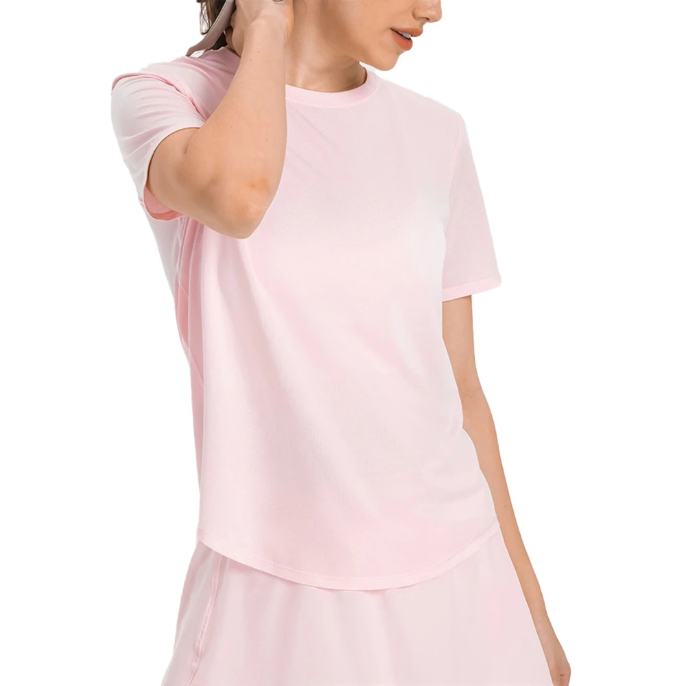 Women Sport Shirt Round Neck Short Sleeves Quick Dry Reflective Strips Workout Shirt for Running Light Pink 6