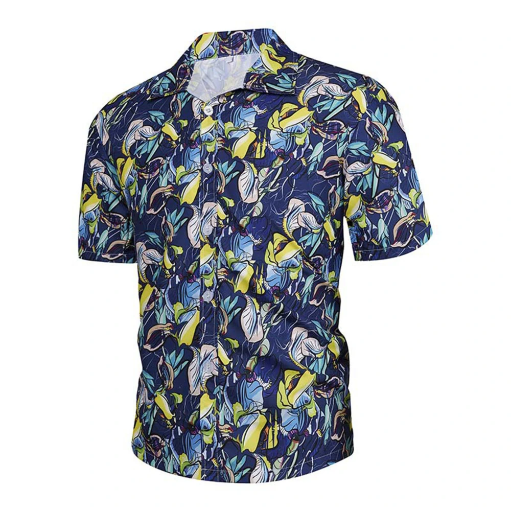 Turn Down Collar Beach Shirt Men Fashionable Casual Button Up Short Sleeve Print Shirt for Travel Navy Blue M