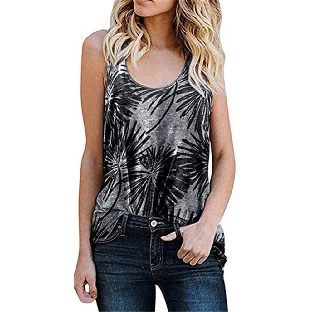 Womens Crew Neck Tank Top Summer Fashionable Casual Printed Loose Fit Women Sleeveless Tank Tops for Daily Beach Outing Black XXL