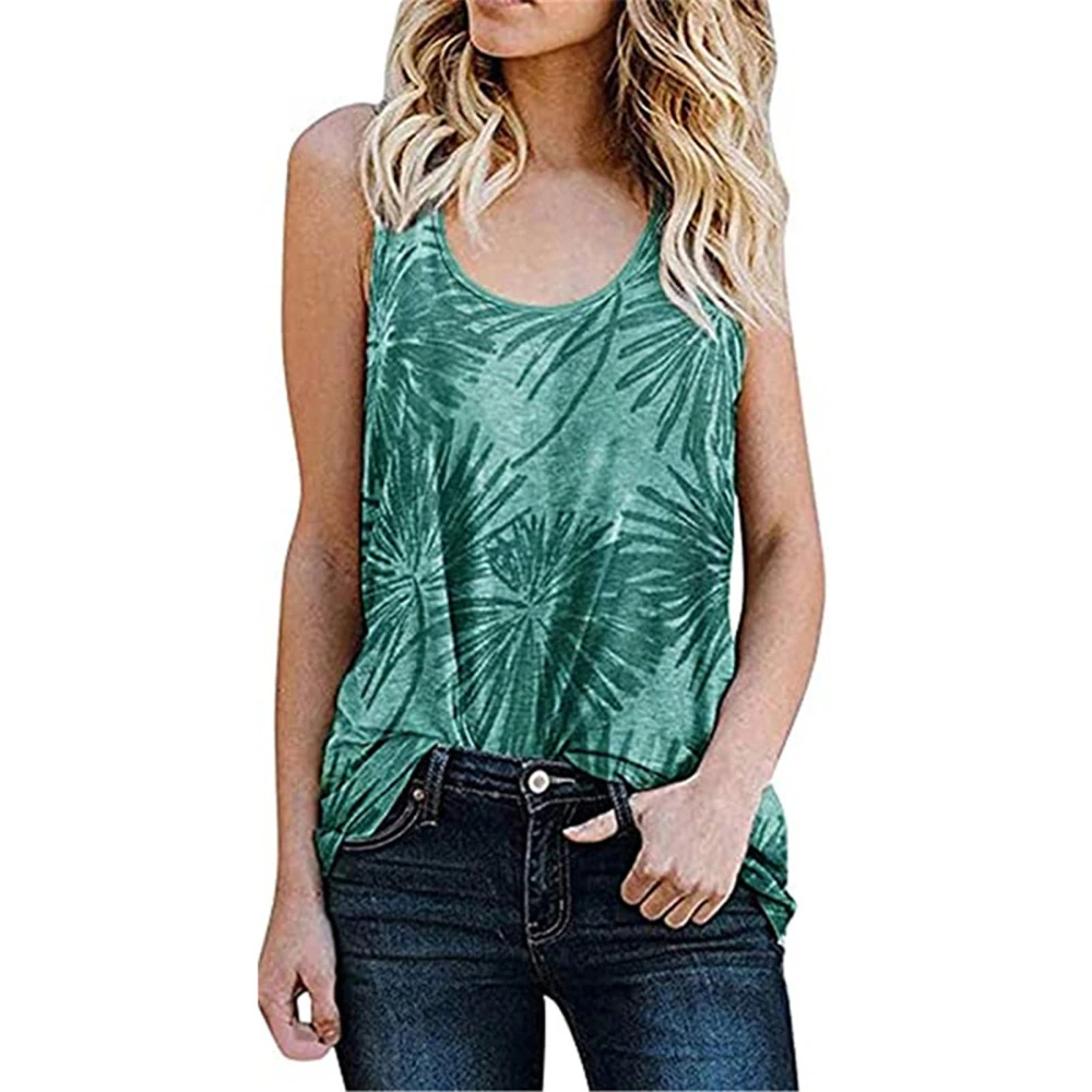 Womens Crew Neck Tank Top Summer Fashionable Casual Printed Loose Fit Women Sleeveless Tank Tops for Daily Beach Outing Green L