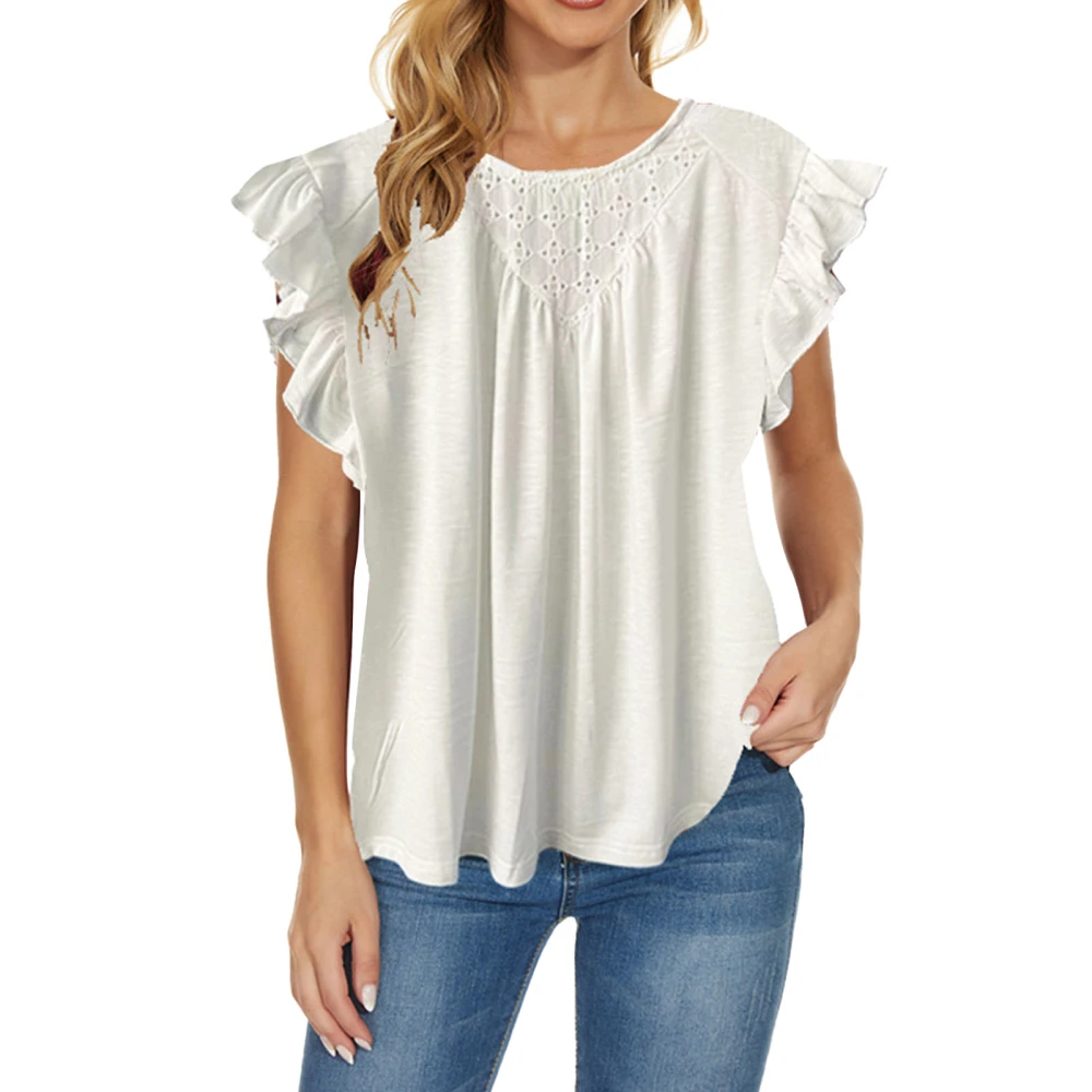 Women Top Ruffle Short Sleeve Round Neck Pure Color Casual Lady Pullover Blouse for Dating Work Daily White L