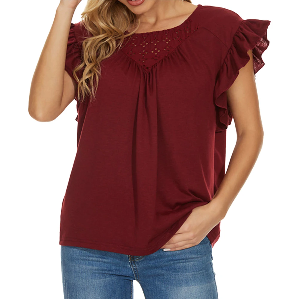 Women Top Ruffle Short Sleeve Round Neck Pure Color Casual Lady Pullover Blouse for Dating Work Daily Wine Red XL