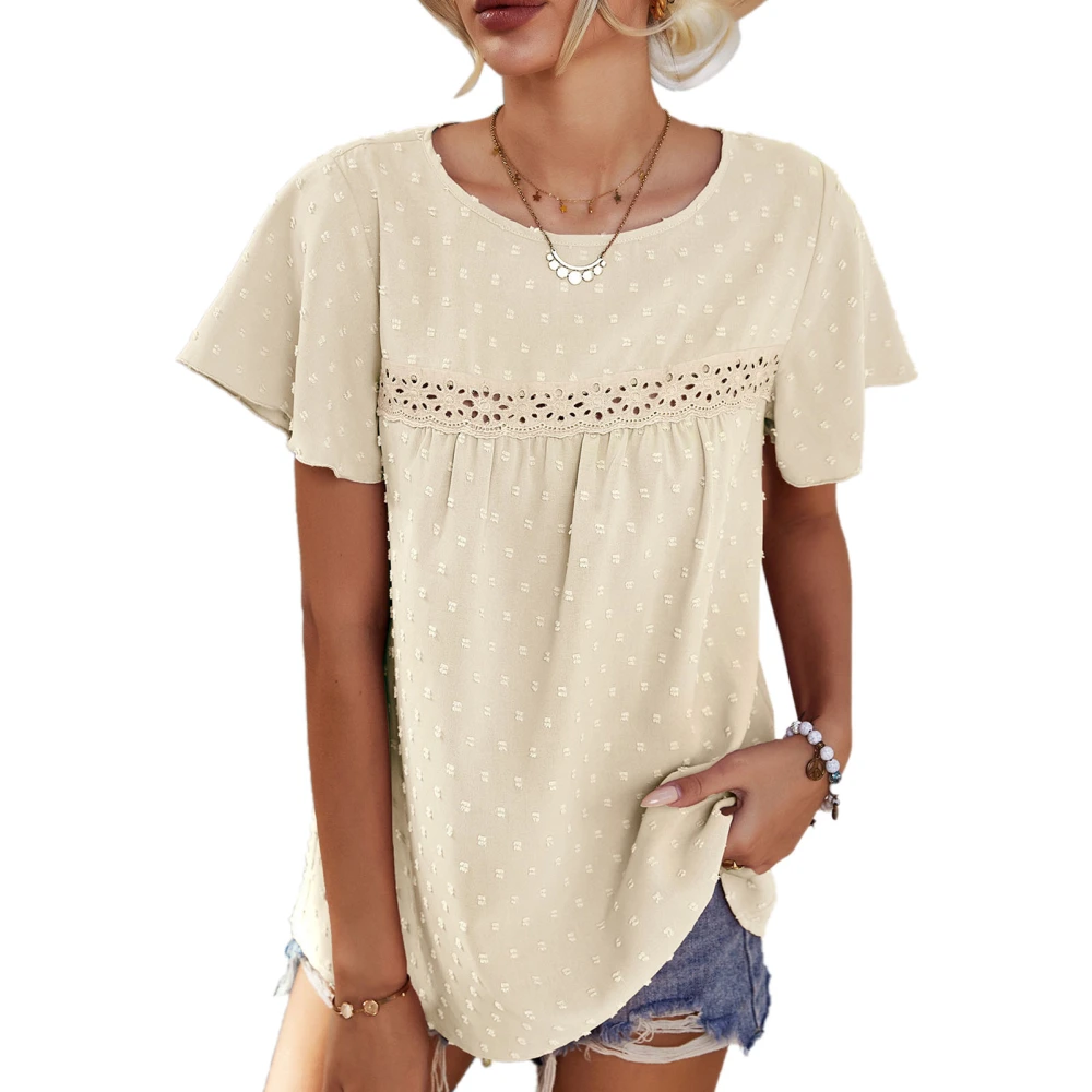 Women Short Sleeve T Shirt Crewneck Lace Stitching Cute Fashionable Women Short Sleeve Top Apricot S