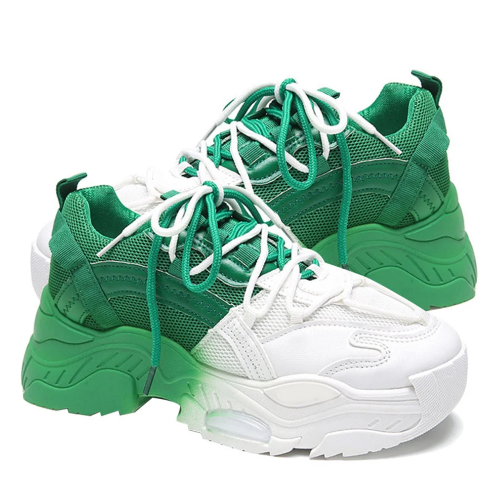 Women Running Shoes Thick Bottom Color Contrasting Prevent Slip Breathable Inner Casual Sports Shoes Green 37