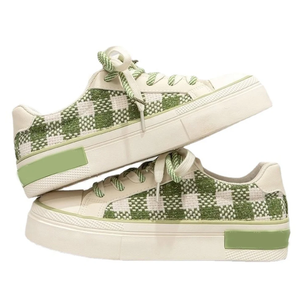 Women Canvas Shoes Prevent Slip Soft Thick Sole Round Toe Lightweight Plaid Lace Up Casual Shoes for Autumn Green 37