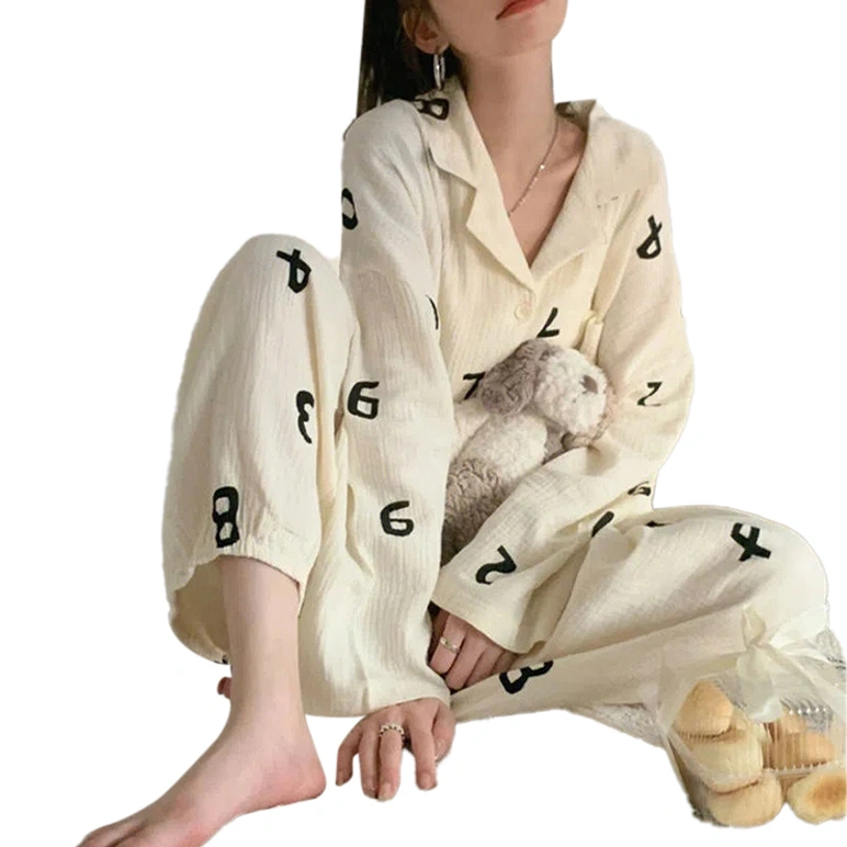 2 Pieces Loungewear Turn Down Collar Breathable Elegant Soft Women Long Sleeve Sleepwear for Summer Apricot Geometric Letters XL