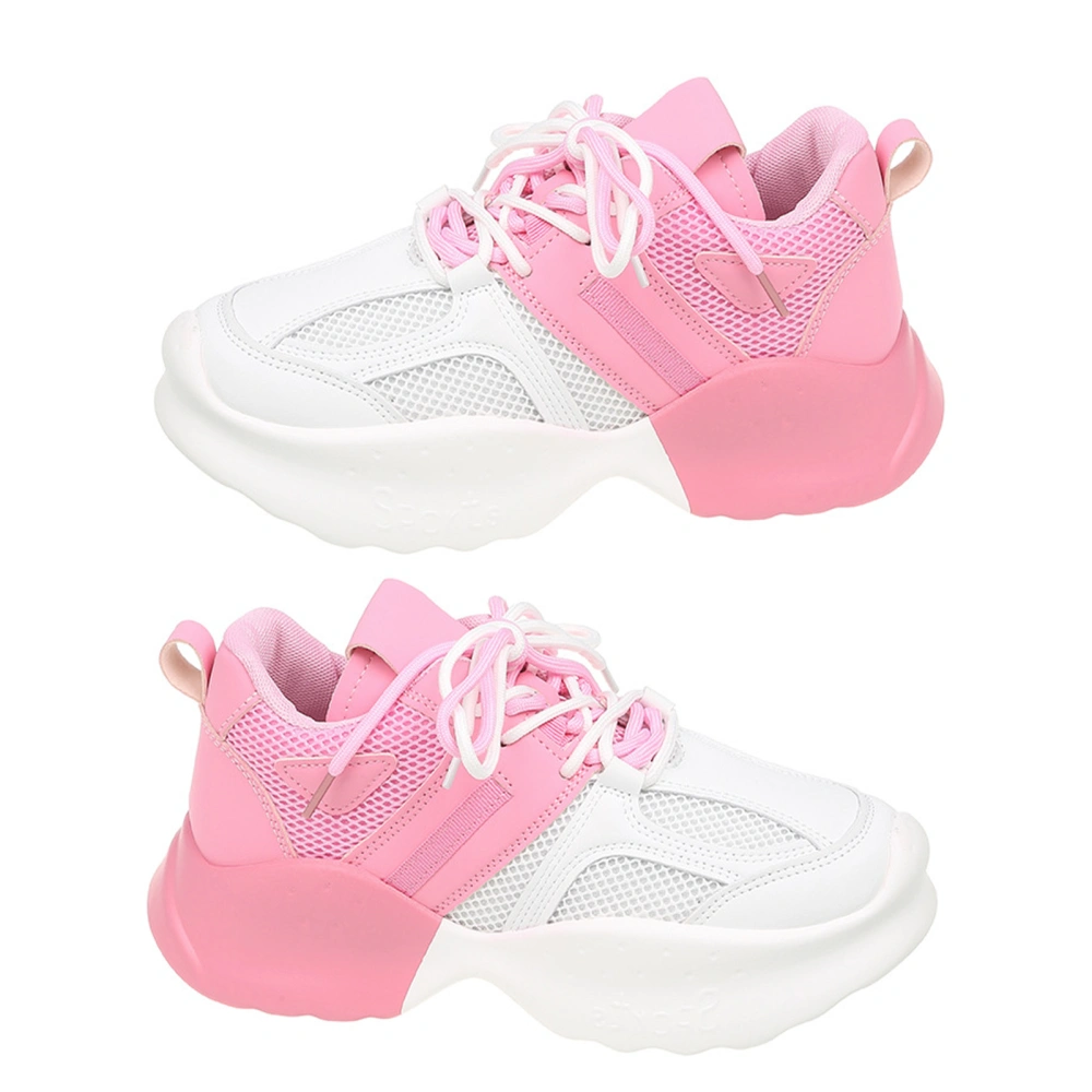 Thick Soled Shoes Mesh Color Block Fashionable Breathable Lace Up Casual Fit Thick Soled Sports Shoes Pink 38