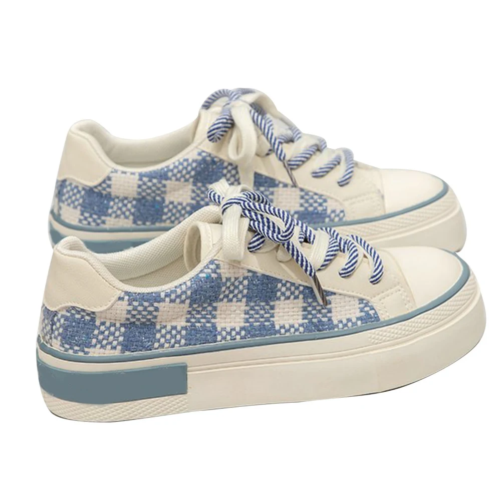 Women Canvas Shoes Prevent Slip Soft Thick Sole Round Toe Lightweight Plaid Lace Up Casual Shoes for Autumn Blue 37