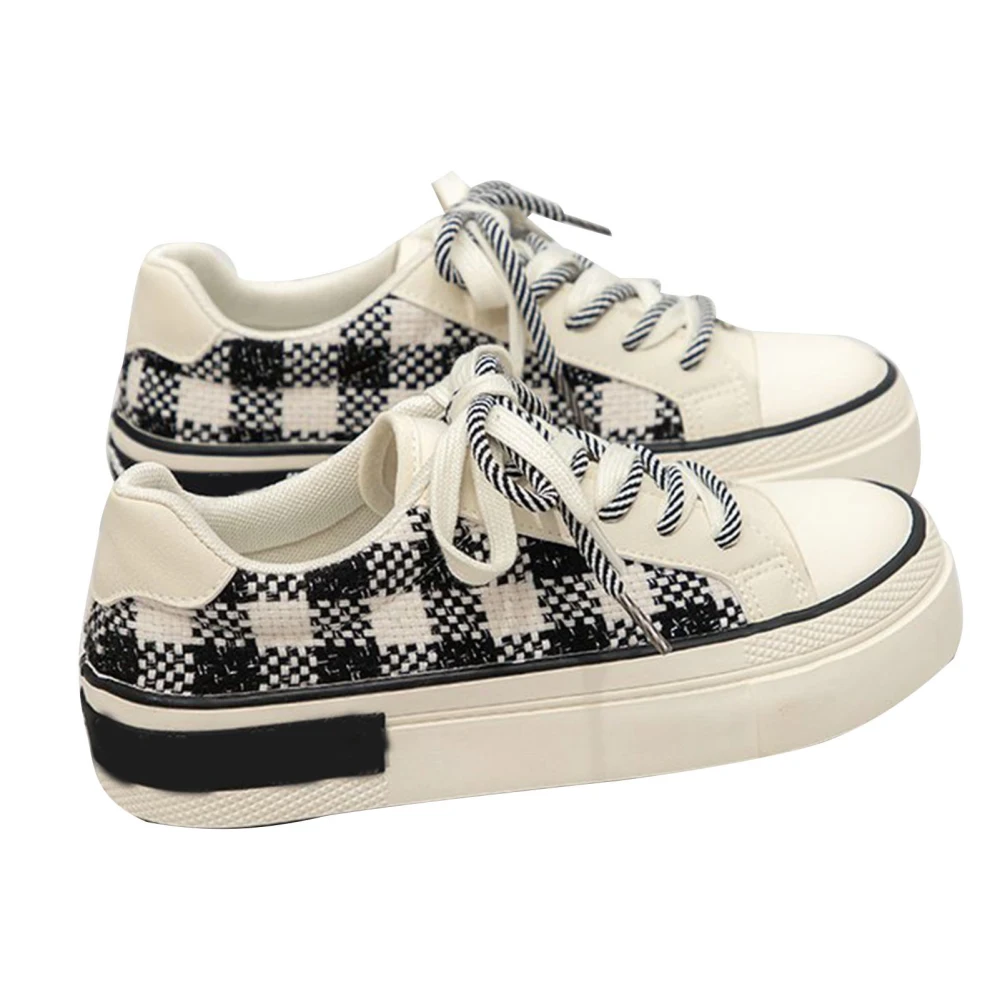 Women Canvas Shoes Prevent Slip Soft Thick Sole Round Toe Lightweight Plaid Lace Up Casual Shoes for Autumn Black 37