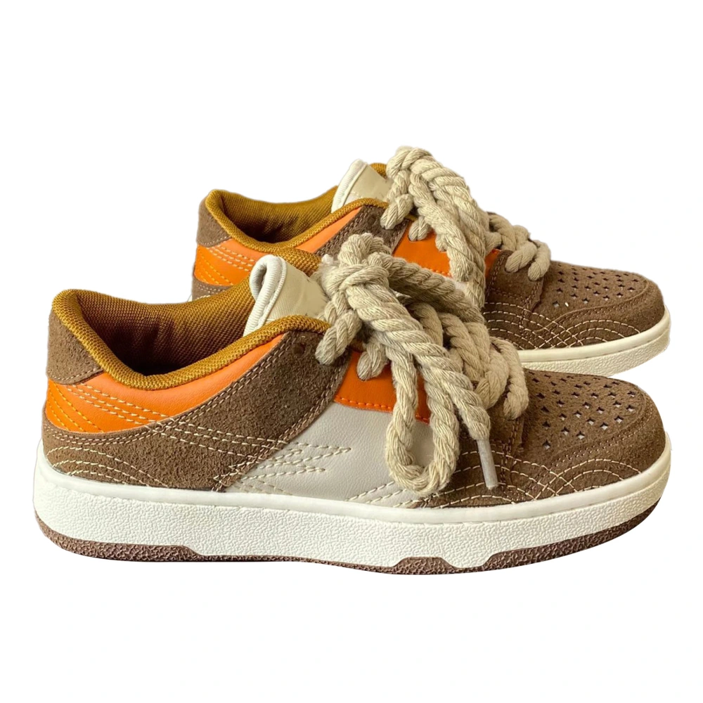 Women Casual Shoes Color Contrast Retro Thick Twine Shoelace Prevent Slipping Low Top Shoes Brown 38