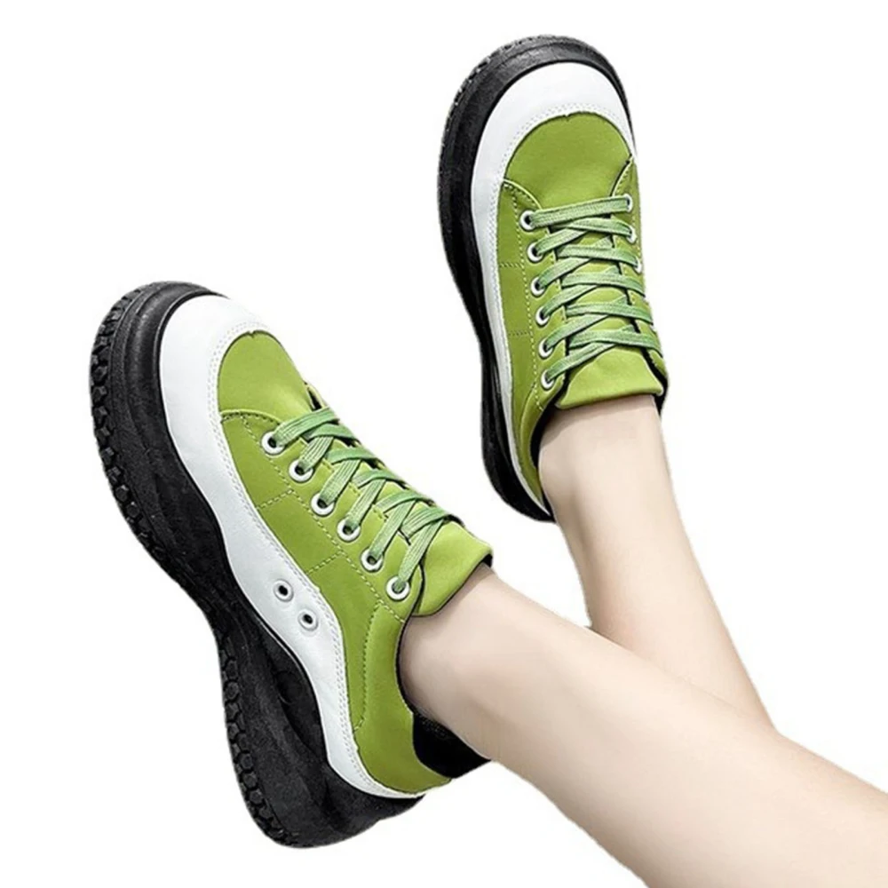 Girl Sneaker Lace Up Design Rubber Canvas PU Thick Sole Comfortable Reinforced Heel Women Casual Summer Shoes Green 38