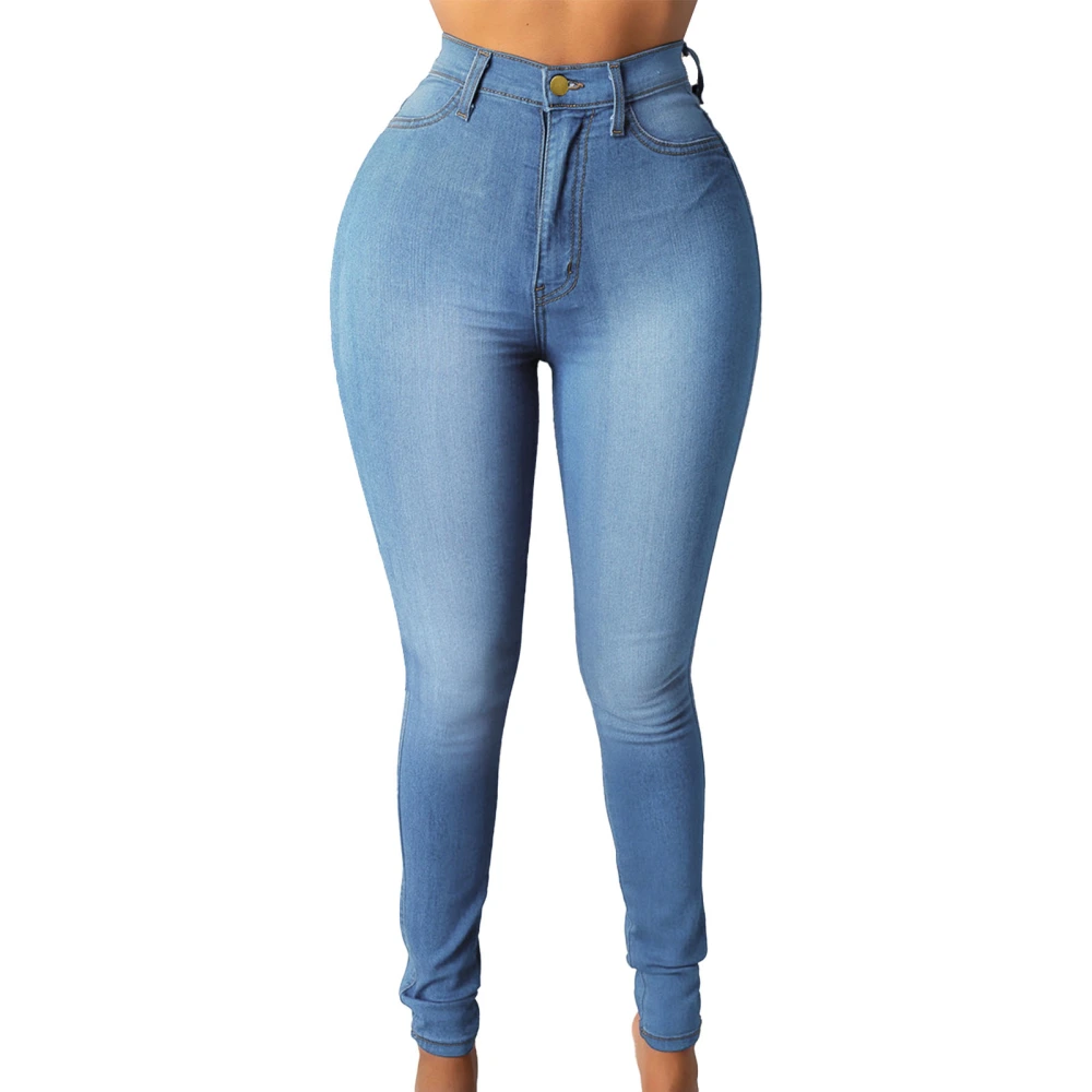 High Waist Denim Pants with Double Pocket Breathable Stylish Casual Denim Pants for Women Blue M