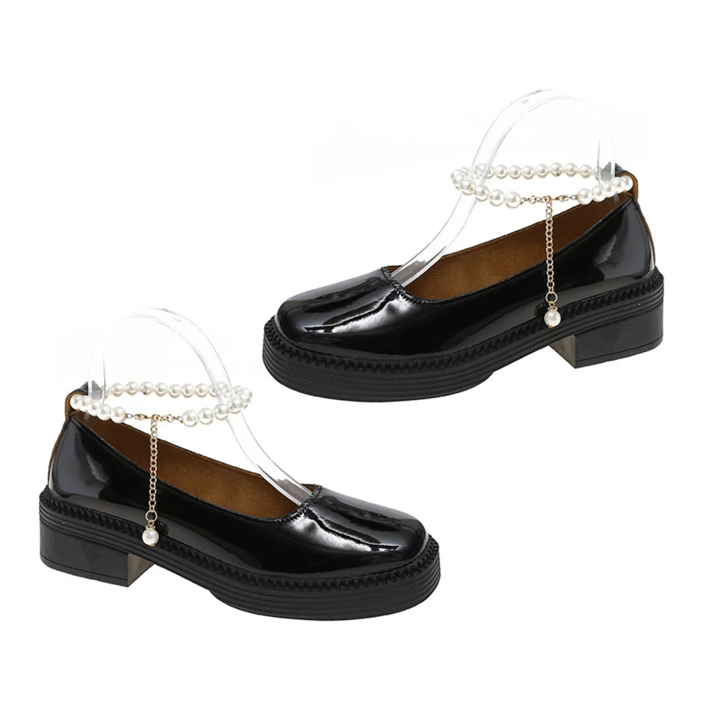 Women Flat Vintage Shoes Solid Color Pearl Ankle Strap Low Top Summer PU Leather Flat Shoes Black 36 Size