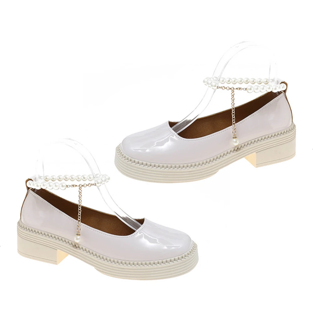 Women Flat Vintage Shoes Solid Color Pearl Ankle Strap Low Top Summer PU Leather Flat Shoes White 38 Size